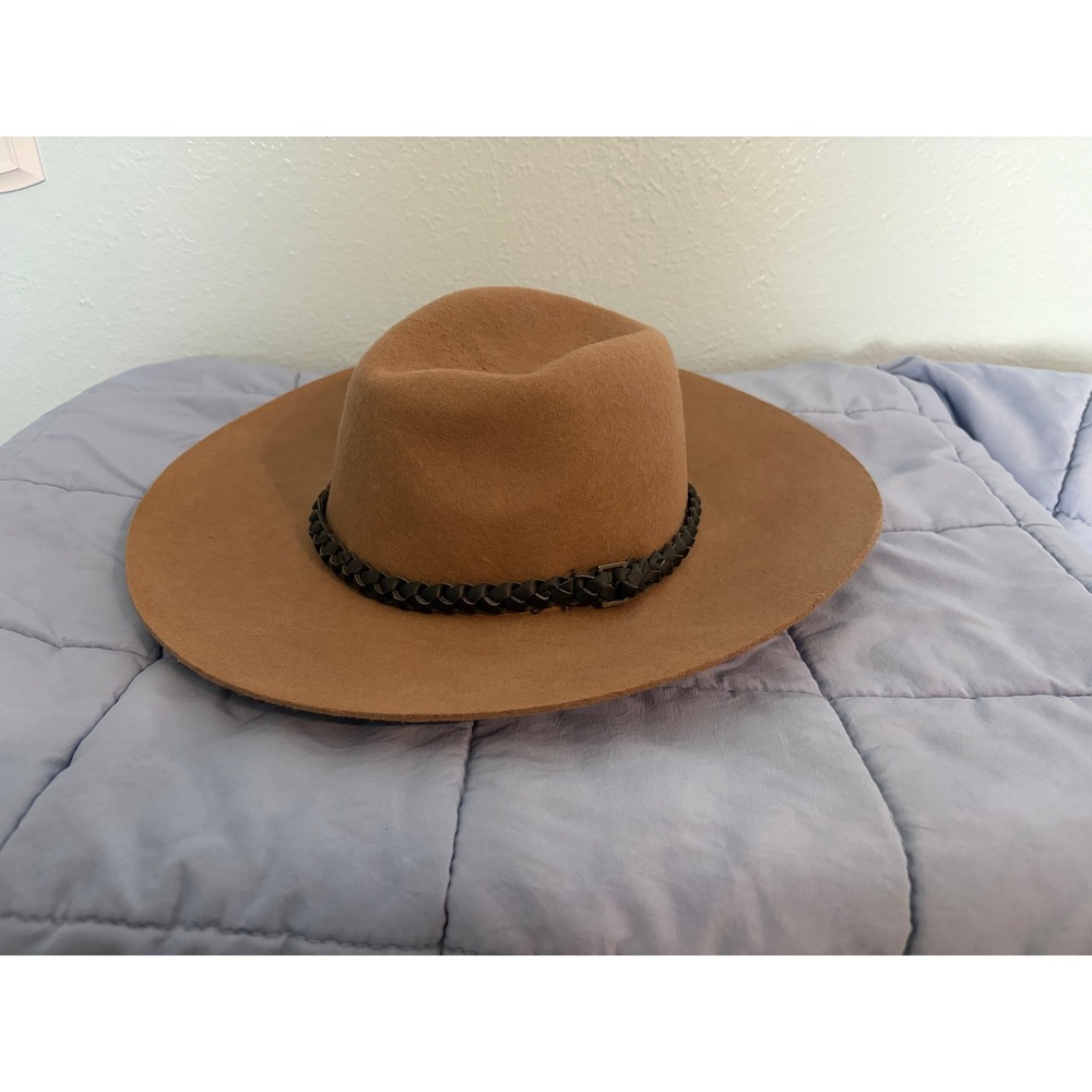 Do Everything In Love Tan 100% Wool Wide Brim Fedora Hat Braided Band Boho - Picture 3 of 5
